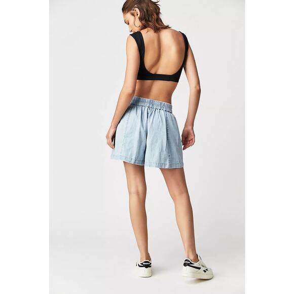 Free People We the Free Get Free Chambray Pull-On Shorts in Sand Dollar Blue - Picture 2 of 12